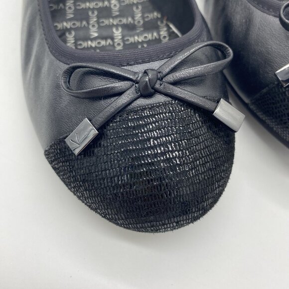 Vionic Minna Ballet Flats 9 Wide NO INSOLES Black Leather Croc Cap Toe Bow Shoes - Picture 3 of 11